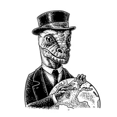 Reptilian dressed in a hat, suit, waistcoat hold globe. Vector black engraving vintage illustrations. Isolated on white background