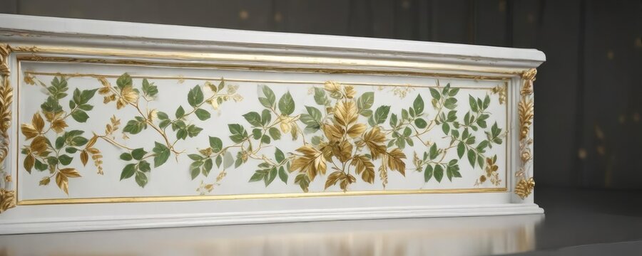 Elegant white display case accented with delicate green and gold leaf motifs, motifs, elegant design, accents, sophistication
