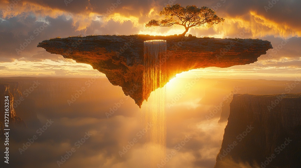 Wall mural   A cliff-top tree with a cascading waterfall flowing into the ocean below