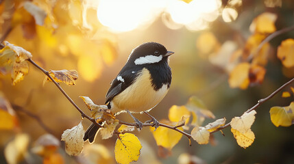 Obraz premium Small bird perched on a branch during sunset. Warm light enhances the bird's plumage and the surrounding autumn leaves.