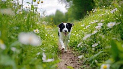 Happy dog running on narrow trail surrounded by green nature and white flowers