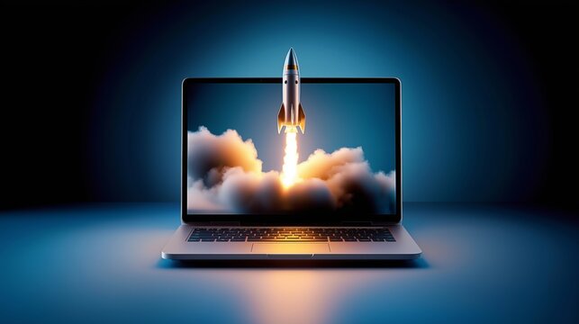 A rocket launching from a laptop computer with the words AI Agents symbolizing agentic autonomy and the future growth of automation through copilot chatbots and autonomous bot technology