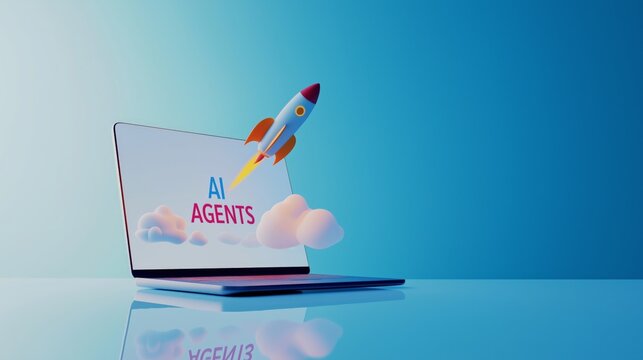 A rocket launching from a laptop computer with the words AI Agents symbolizing agentic autonomy and the future growth of automation through copilot chatbots and autonomous bot technology
