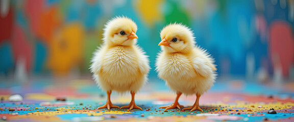 Easter. Yellow chickens play against a background of bright pastel powder for colouring eggs during the joyous spring festival of Easter.
