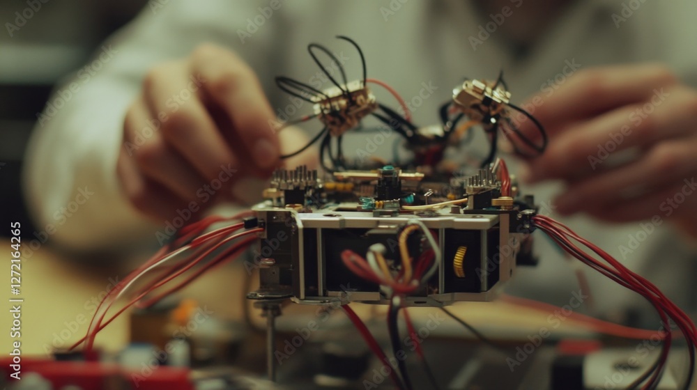 Poster a closeup shot showcases a hightech gadget being assembled by a presenter with intricate components 