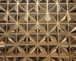 Close-up of a polished gold geometric pattern with triangular shapes, reflecting light and showcasing a modern, elegant, and luxurious design with a shiny metallic surface. 3D wallpaper