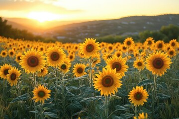 Obraz premium Golden sunflowers bloom in a picturesque field at sunset