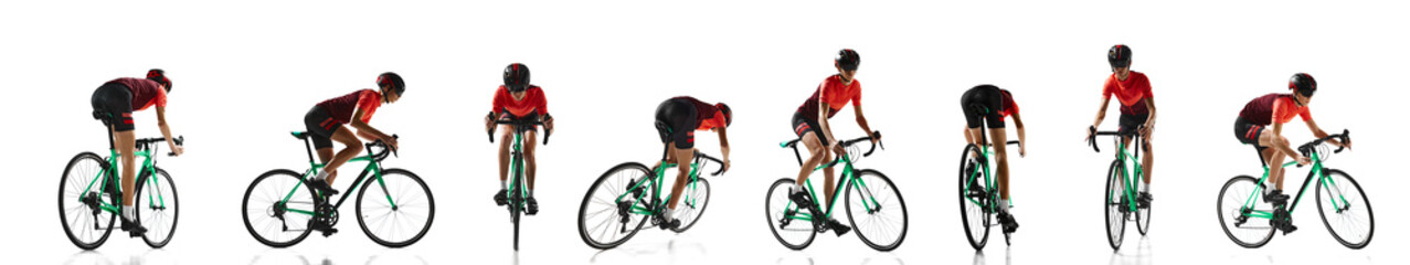 Creative collage. Cyclist accelerating, turning, maneuvering on racing bike in dynamic motion...