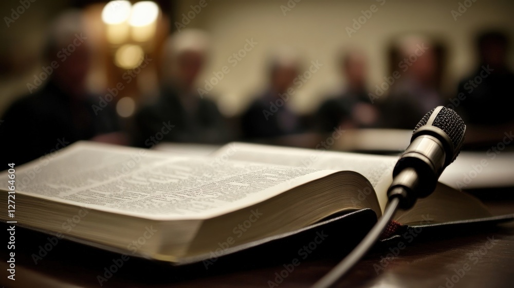 Poster a closeup of an open book lying on the table with a microphone positioned nearby capturing the essen