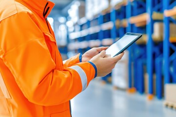 Warehouse worker using a tablet for inventory management in a modern logistics facility to enhance e-commerce efficiency