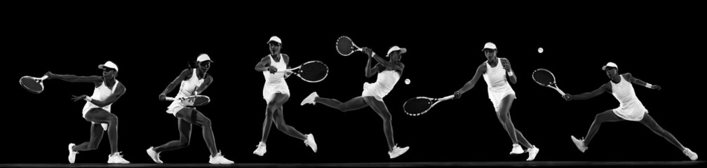 Fototapeta premium Dynamic collage. Tennis athlete swinging, serving, backhand strokes in fluid motion against black studio background. Concept of professional sport, precision, speed, competitive focus, match.