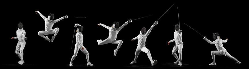 Dynamic collage. Fencing athletes striking, parrying, lunging in synchronized duel sequence against...
