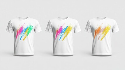 Three White T-shirts with Colorful Paint Splatter Designs