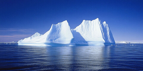 A majestic iceberg floats serenely in the deep blue ocean under a clear sky, showcasing the beauty and power of nature in the polar regions.