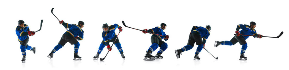 Dynamic collage. Hockey player skating, passing, shooting puck in intense sequence against white...