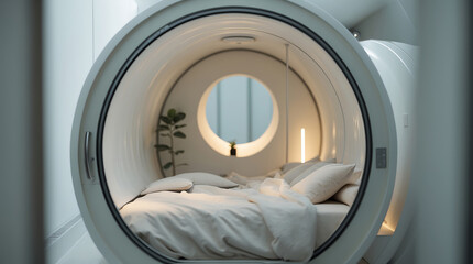 Unique circular bedroom design featuring minimalist decor and a serene atmosphere