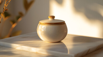 Ceramic Jar with Lid: A simple, elegant storage solution illuminated by soft, warm sunlight. Minimalist aesthetic.