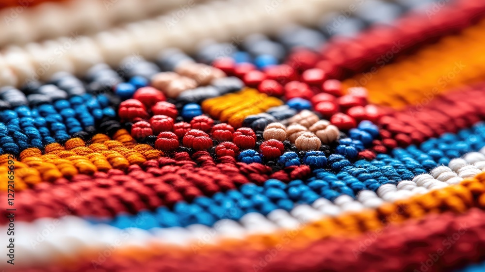 Poster close-up of colorful abstract beadwork pattern, showcasing various vibrant hues and intricate design