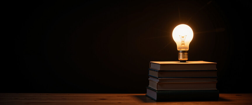 Light Bulb Illuminating Stacked Books on Wooden Surface Against Black Background Conveying Inspiration and Knowledge