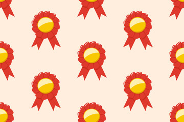 Quality certificate badge, medal, winner award. Seamless pattern with icons of school or university graduation badge, gold medal with red ribbon, vector illustration