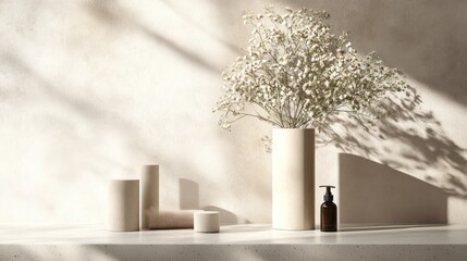 Beige aesthetic still life with vase and decorative objects, soft light and shadows.