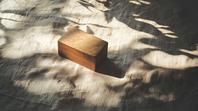 Wooden block on fabric, bathed in sunlight and shadow, simple yet striking composition and warm ambiance.