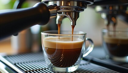 Fresh espresso pouring into glass cup from coffee machine.