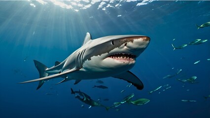 Fototapeta premium Great White Shark Gliding in Crystal-Clear Ocean Waters