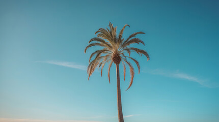 Lonely palm tree standing against a clear blue sky on a sunny day in a serene tropical landscape
