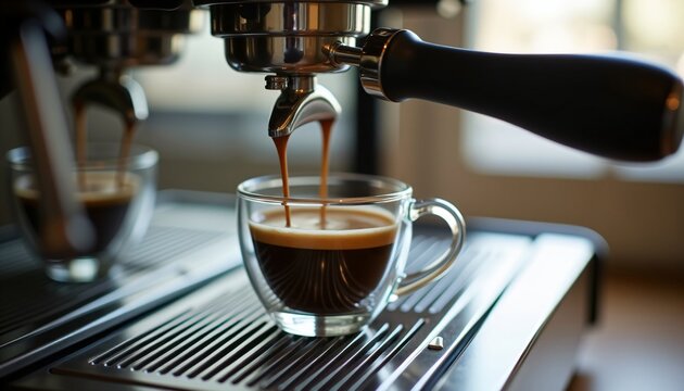 Fresh espresso pouring from coffee machine into glass cup.