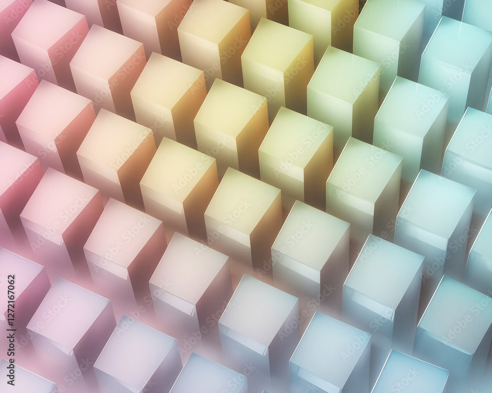 Poster a visually striking display of 3d cubes arranged in a gradient pattern, with soft pastel colors show