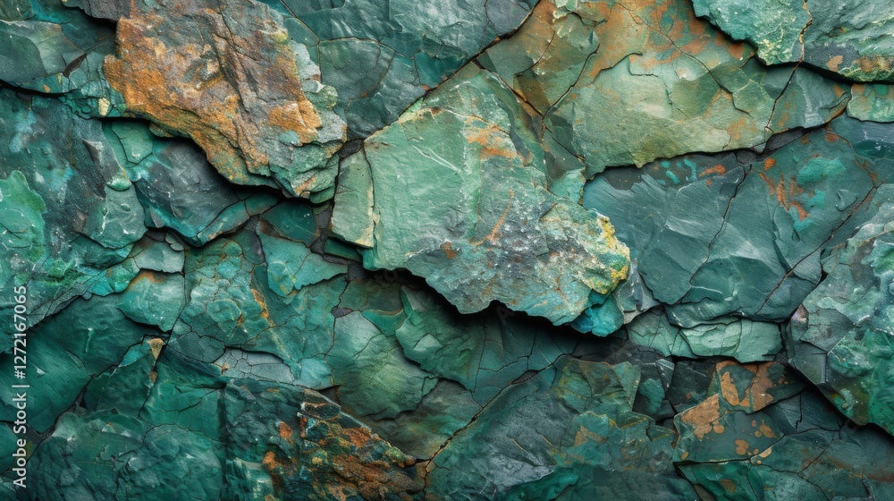 Poster unique layered rock textures exhibit shades of green and blue, with mineral deposits adding hints of