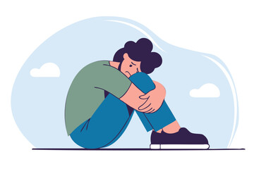 Sad guy hugging his legs. Depression, melancholy, negative emotions. Mental health problems