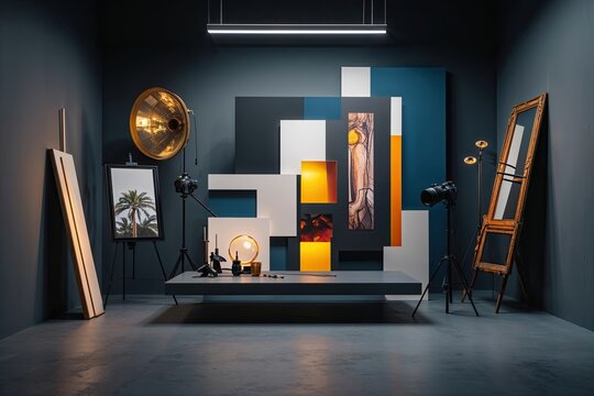 Artistic Montage in a Dimly Lit Studio Setting for Creative Showcase