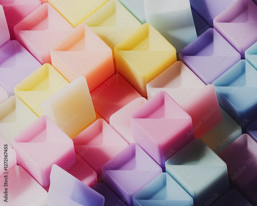 Poster a visually striking display of 3d cubes in soft pastel shades, arranged in a grid pattern, creating 