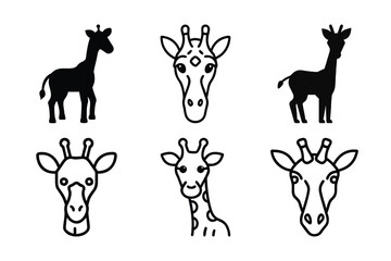 Set of giraffe icons in flat black color isolated on white background.