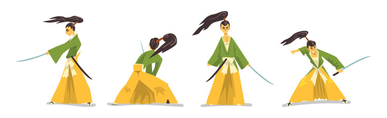 Man Samurai Character in Kimono with Katana Vector Set