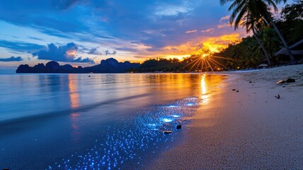 Glowing beach at sunset with bioluminescent waves, clear skies, and palm trees