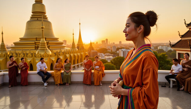 Burmese woman observing sunset at ornate pagoda, cultural reflection