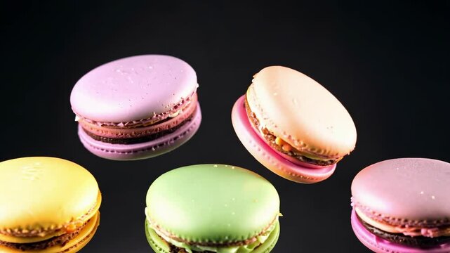 A collection of vibrant macarons sits elegantly in a row against a dark backdrop, highlighting their unique colors and flavors, enticing viewers to indulge in these delightful treats.