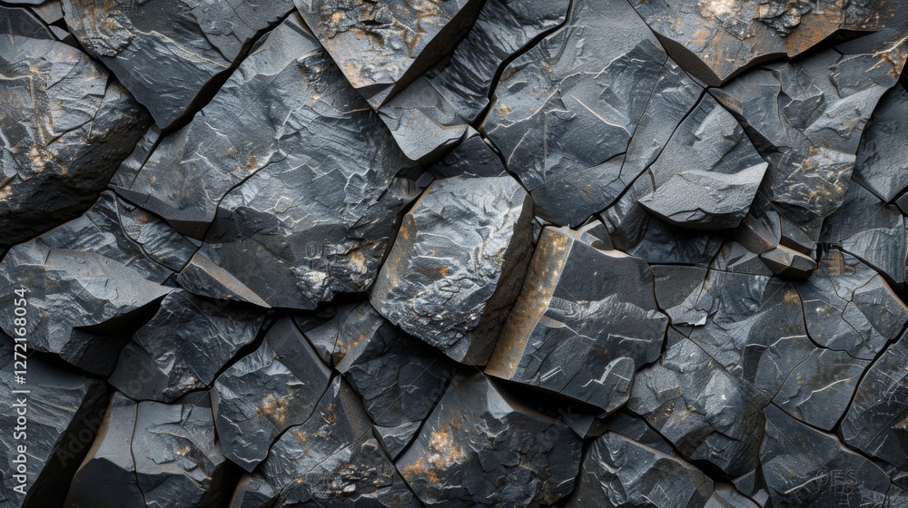 Poster the rugged surface showcases polished dark volcanic rocks with sharp edges and varied textures, capt
