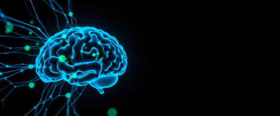 Blue glowing brain with neural connections creating a futuristic appearance conveying innovation and intelligence against a dark background
