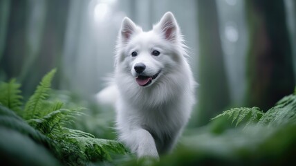 Happy white dog in misty forest with ferns