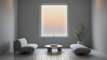 Minimalist interior design featuring elegant furniture and a serene window view during sunset