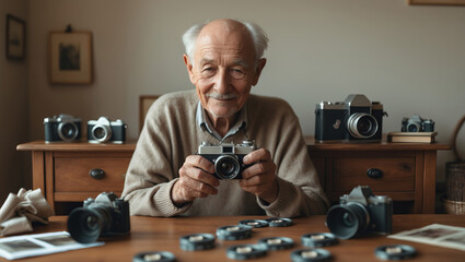 Elderly man showcases vintage photography during a creative session at home surrounded by classic cameras