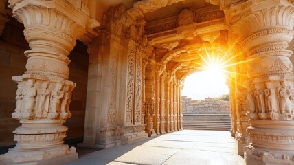 Sunlight streaming through intricately carved stone columns of ancient temple