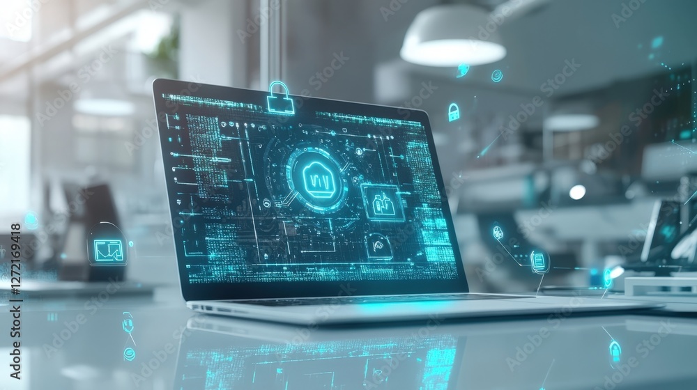 Poster open laptop displaying a futuristic heads up display interface for a smart home security system, fea