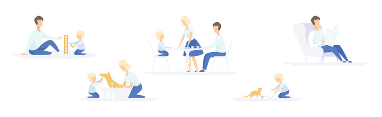 Parent with Little Kid Engaged in Different Activity at Home Vector Set