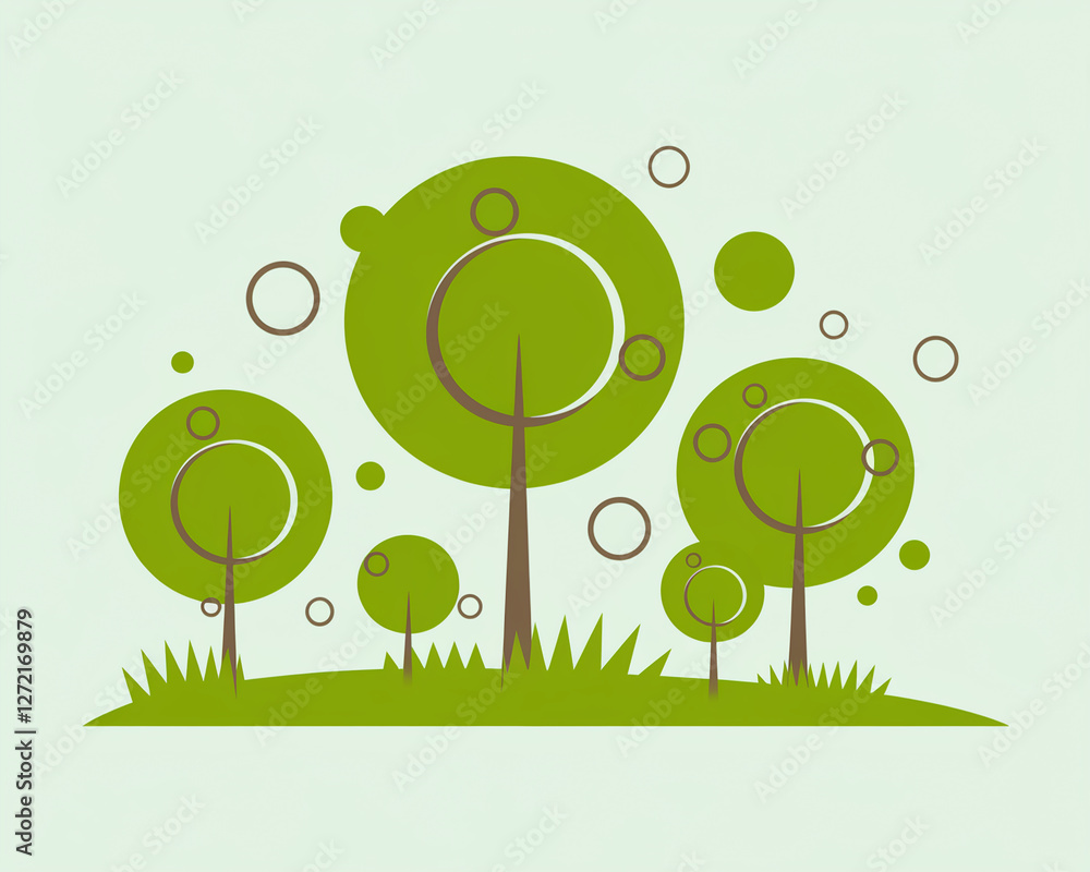 Poster a playful and minimalist design featuring green trees with circular tops and bubbles, symbolizing na