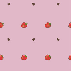 Seamless strawberry pattern with hearts for banners, cards, flyers, social media wallpapers, textile. Vector summer background with red berries on pink background.